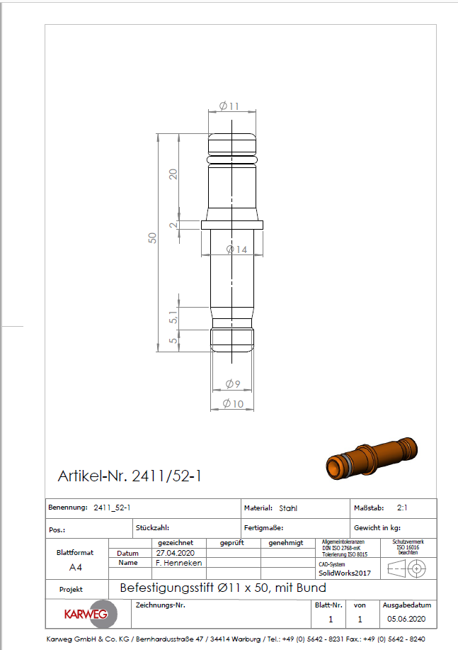 3D-Modell und Zeichnung des KARWEG-Bürostuhlrollenstifts Ø 11 × 50 mm für eine 10-mm-Bohrung, Stiftlänge 50 mm.