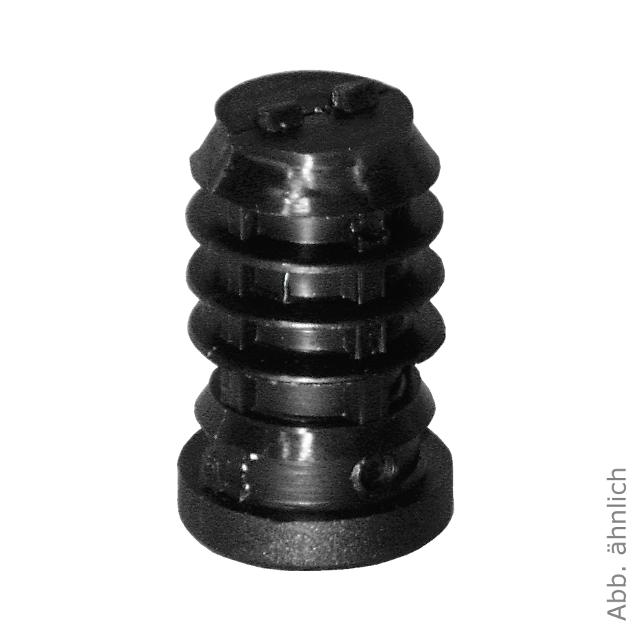 KARWEG Rundrohrhülse 2580R25, schwarzer, gerippter 25-mm-Stopfen, abgerundete Oberseite, auf weißem Hintergrund.