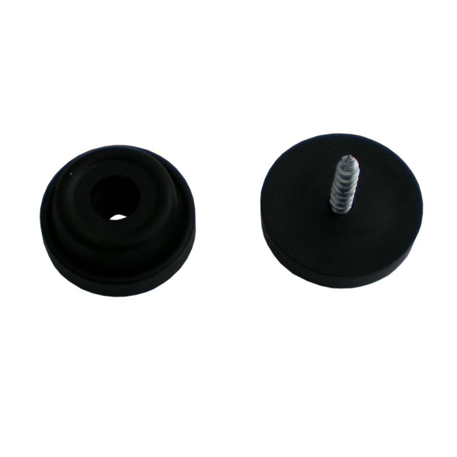 Zwei KARWEG-Gummistopper (Ø 24 mm, schwarz), einer davon mit einer Schraube (3,5 × 25 mm), auf weißem Hintergrund.