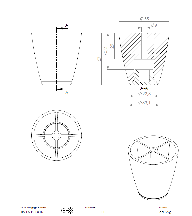 Technische Zeichnung des KARWEG-Möbelgleiters, Ø 55 mm, H 57 mm, schwarzer Kunststoff, mit Querschnitt und Maßen.