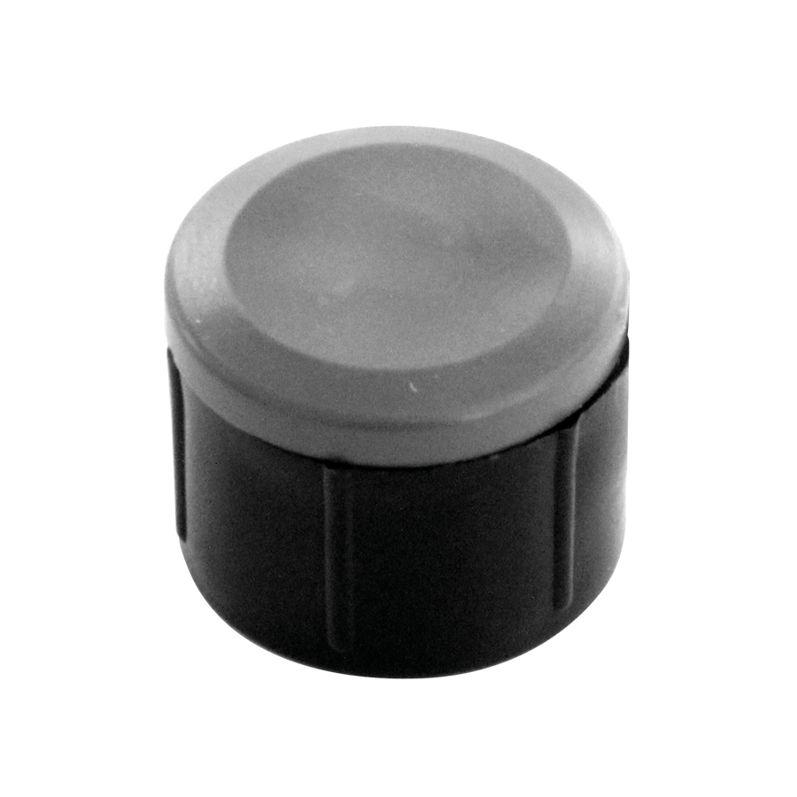 KARWEG Stollengleiter Ø 25 mm, schwarze/graue Kunststoff-Schraubkappe für Flasche, auf weißem Hintergrund.