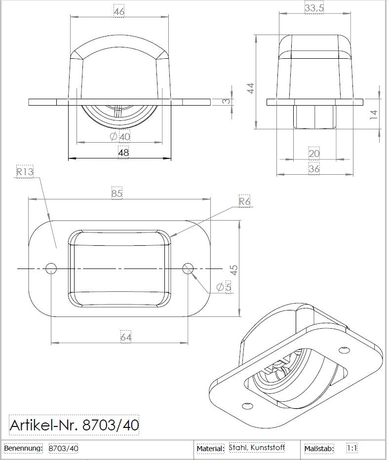 Technische Zeichnung der KARWEG-Bettkastenrolle, Ø 40 mm, Kunststoffgehäuse; Maße und Details sind dargestellt.