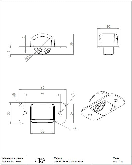 Technische Zeichnung: KARWEG Bettkastenrolle, Kunststoffgehäuse, Ø 25 mm, mit harter Lauffläche dargestellt.