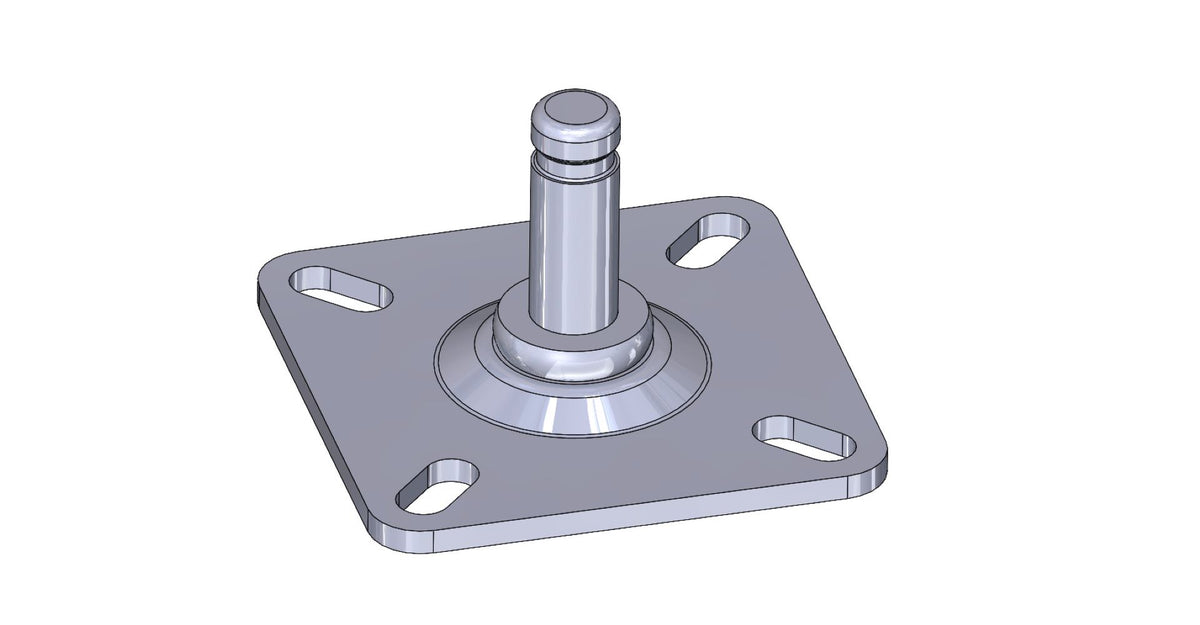 Anschraubplatte 60 × 60 × 3 mm, Stift Ø 10 mm, 4 Langlochbohrungen, KARWEG GmbH & Co. KG, 3D-Rendering.