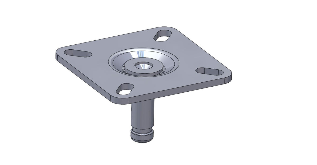 3D-Rendering der KARWEG-Anschraubplatte 60 × 60 × 3 mm, Stift Ø 10 mm, 4 Langlochbohrungen.