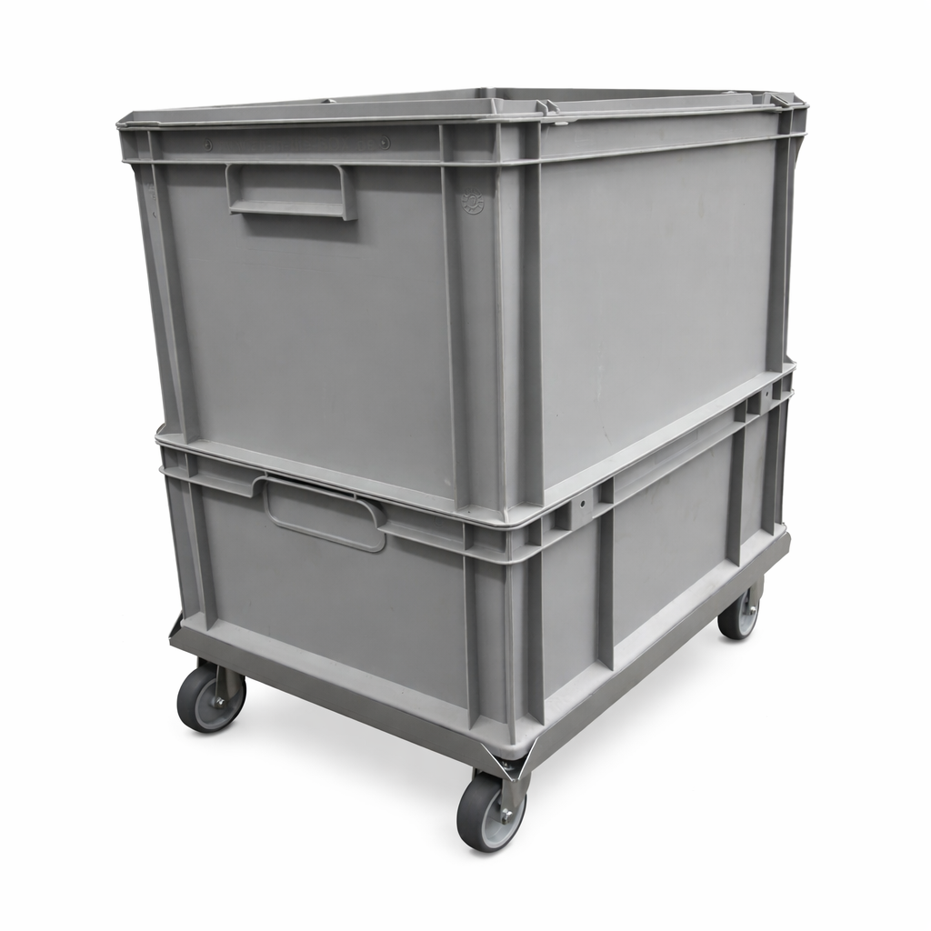 Rollendiscount Euroboxen-Rollwagen, Stahl, 600 x 400 mm, 4 Lenkrollen, für Euroboxen.
