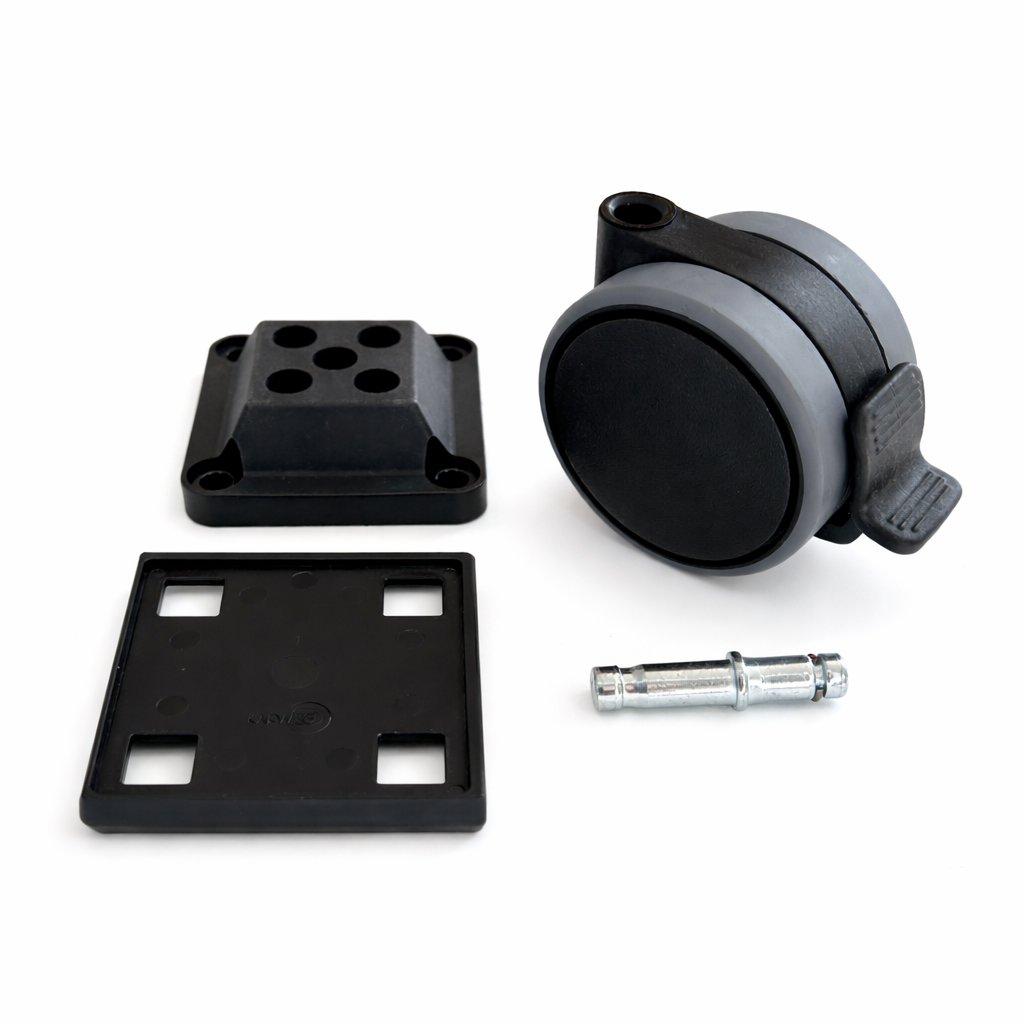 Rollendiscount Lenkrollen-Set: 4-teilig – Rolle, Montageplatte, Verbindungsstück und Abdeckung (Ø 75 mm).