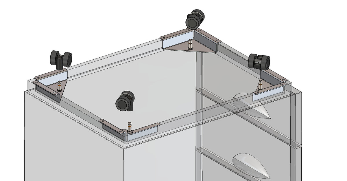 3D-Modell: KARWEG Eckwinkel mit Rolle (Ø 35 mm), harte Lauffläche, sowie 4 schwarze Zylinderknöpfe.