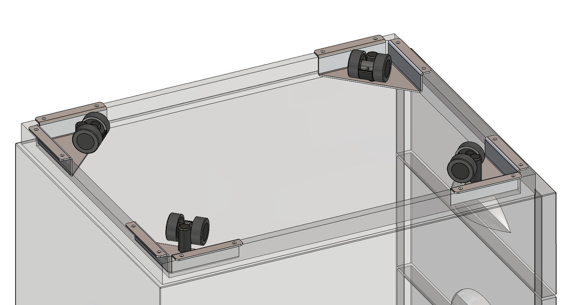 Durchsichtige Box mit vier KARWEG-Eckwinkeln mit Rollen (Ø 35 mm), die an den Oberkanten angebracht sind.