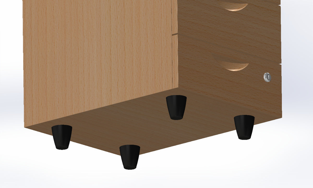Holzschrank-Eckelement mit fünf schwarzen KARWEG-Möbelgleitern (Ø 55 mm) zum Schutz des Fußbodens.