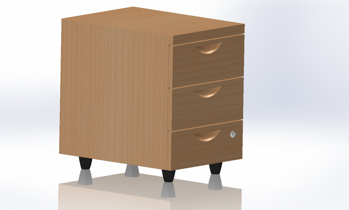 Ein Holzschrank mit drei Schubladen auf vier schwarzen KARWEG-Möbelgleitern (Ø 55 mm), aus einem schrägen Blickwinkel betrachtet.