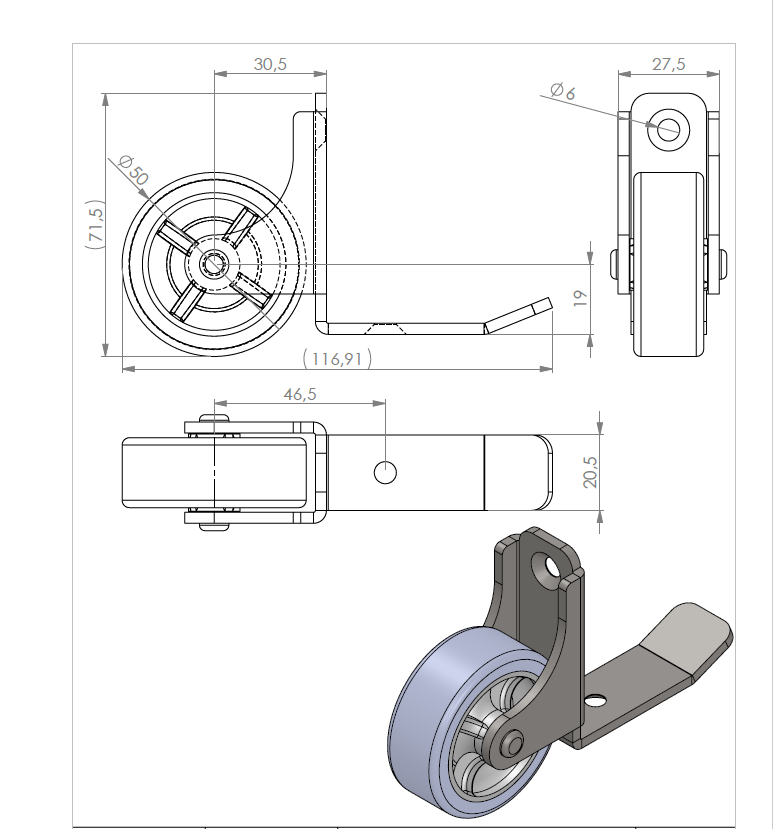 Technische Zeichnung von Rollendiscount: Rolle mit Kippschutz, Rad-Ø 50 mm, 2 Befestigungsbohrungen.