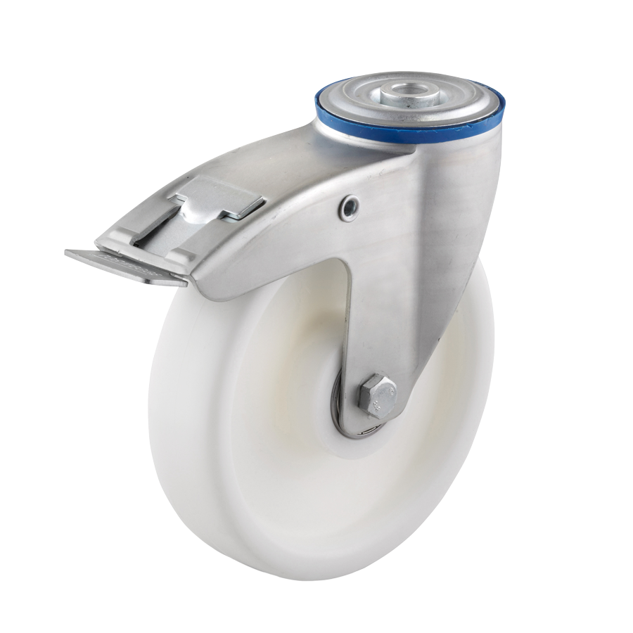 KARWEG Ø100 mm Lenkrolle mit Feststeller, Polypropylen-Rad, Bohrung an der Rückseite, Kugellager.