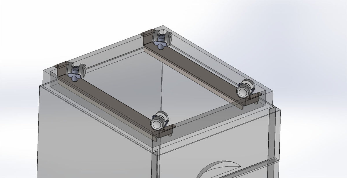 Transparenter Deckel mit KARWEG-Trägerschiene mit Doppelrollen (Ø 35 mm) und weicher Auflageplatte.