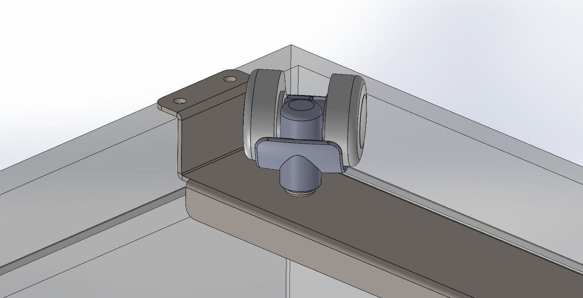 3D-Modell der KARWEG-Trägerschiene mit Doppelrollen (Ø 35 mm) an der Ecke des Schienenrahmens.