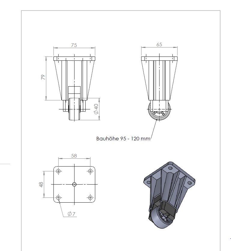 Maßzeichnung; zeigt KARWEG Höhenverstellbare Bockrolle Ø 40 mm, Höhe 95–120 mm.