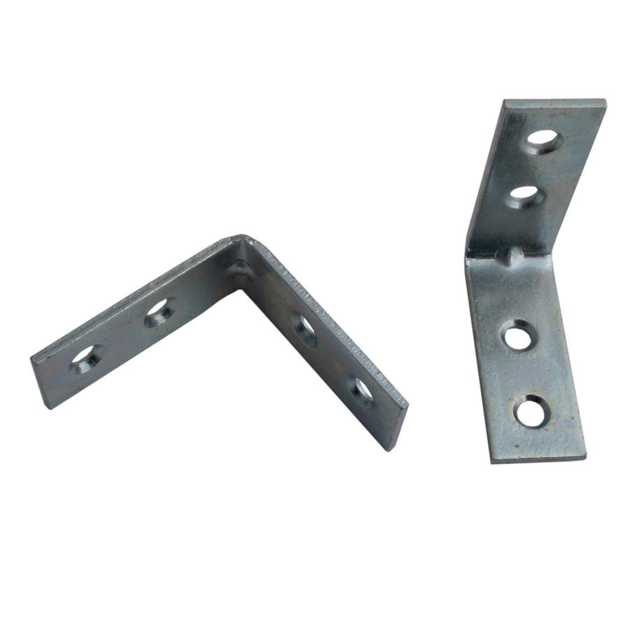 Zwei KARWEG-Winkel 40 × 40 × 15 × 2 mm, verzinktes Stahlblech, mit Schraubenlöchern auf weißem Hintergrund.