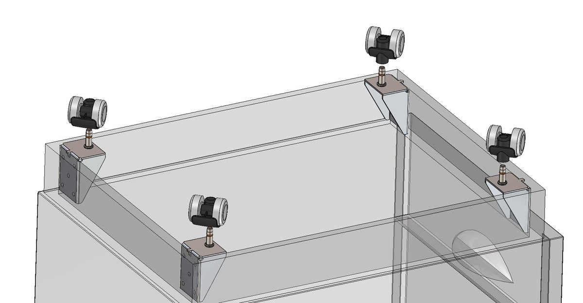 An einer Halterung sind vier Kameras angebracht, ähnlich wie bei der „Doppelrolle Ø35 mm 90° Befestigungsplatte Anschlag“ von KARWEG.