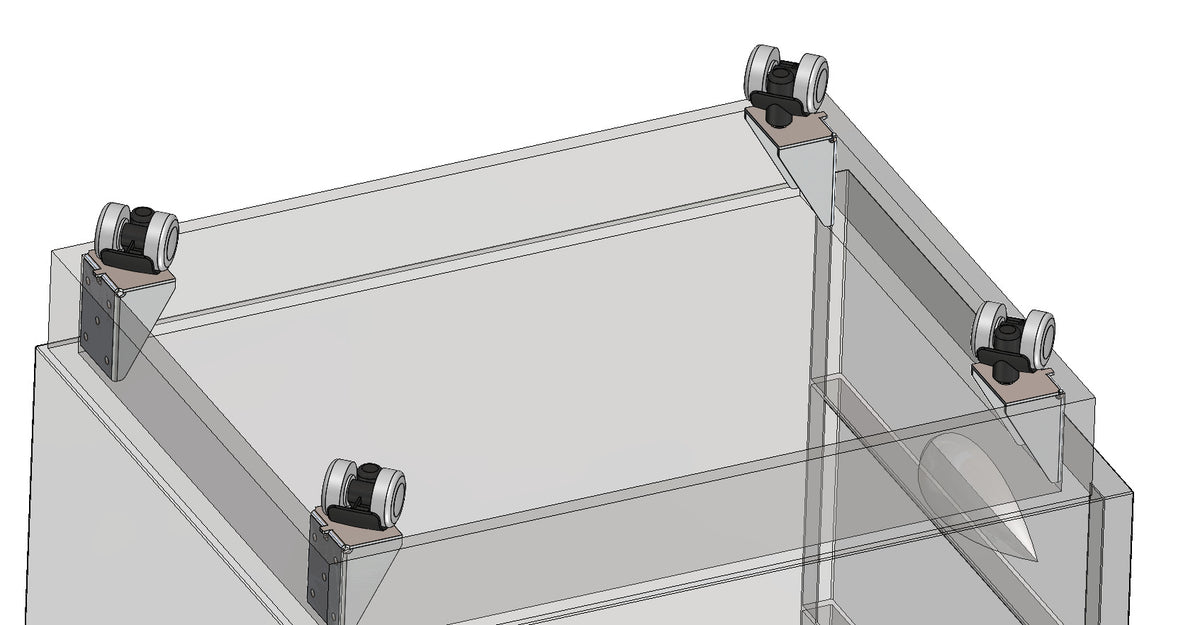 Die CAD-Zeichnung zeigt einen Kasten mit vier KARWEG-Doppelrollen (Ø 35 mm) und Befestigungsplatten (90 Grad) an den oberen Ecken.