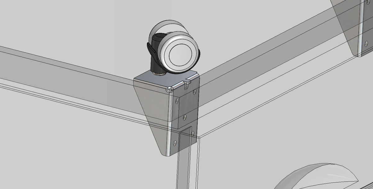3D-Rendering: KARWEG-Befestigungsplatte 90° mit montierter Doppelrolle (Ø 35 mm) mit harter Lauffläche.