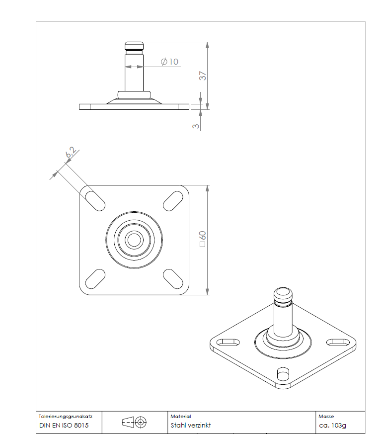 Zeichnung der Anschraubplatte 60 × 60 × 3 mm, Stift Ø 10 mm, KARWEG; Draufsicht, Seitenansicht und Schrägansicht mit Maßangaben.