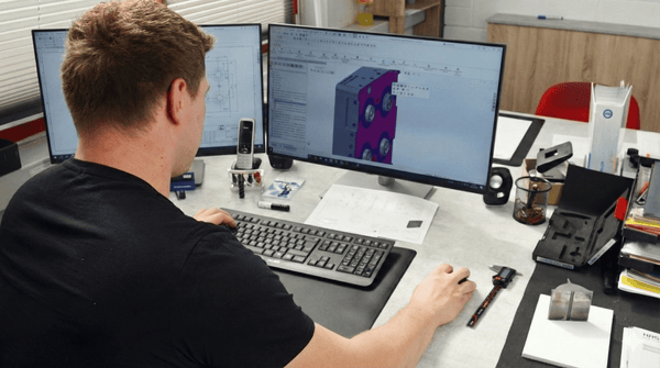 Ein Mann, der am Schreibtisch am Computer ein mechanisches Bauteil entwirft, daneben liegen technische Werkzeuge und Unterlagen.